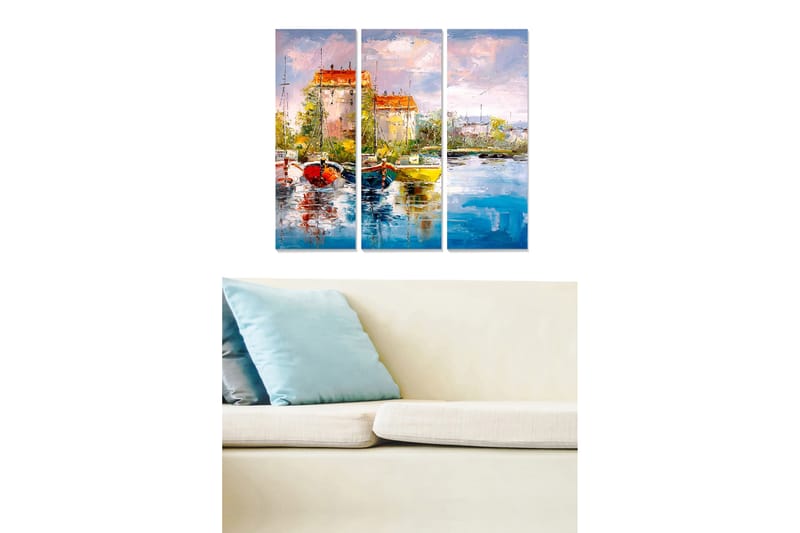Canvastavla i trä 3-delar 50x70 cm - Vacker hamn med färgglada båtar och pittoreska byggnader vid vattnet - Blå / Röd / Gul - Inredning & dekor - Tavlor & konst - Canvastavla