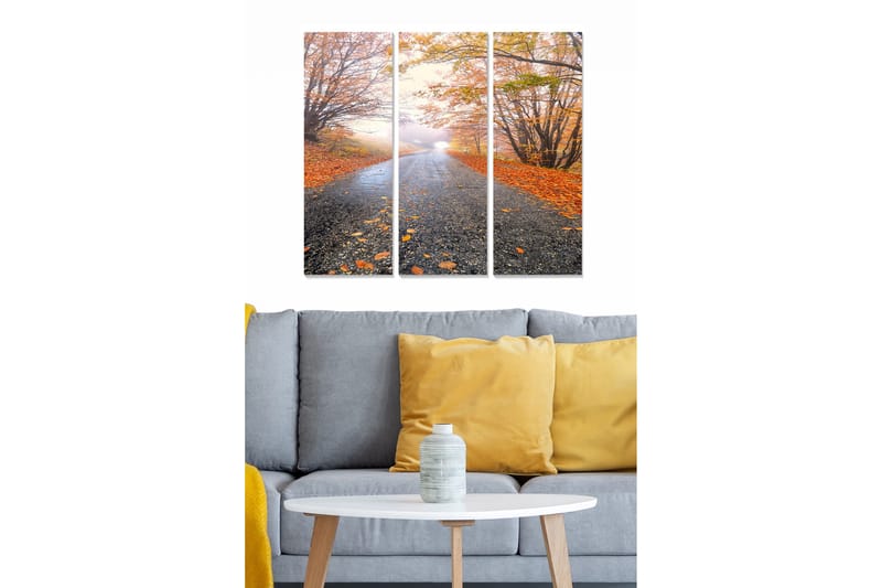 Canvastavla i trä 3-delar 50x70 cm - Vacker höstlandskap med en väg omgiven av färgglada lövträd, Orange / Grön / Grå