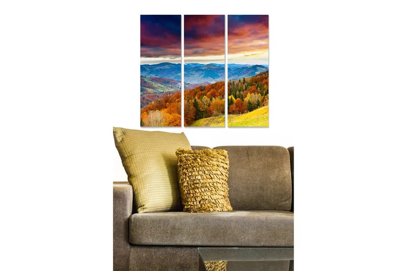 Canvastavla i tr ä 3-delar 50x70 cm - Vacker höstlandskap med färgglada träd och fjärran berg, Orange / Grön / Blå