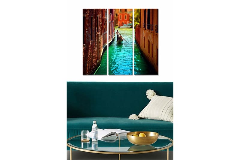 Canvastavla i trä 3-delar 50x70 cm - Vacker kanal med gondol i en italiensk stadsmiljö - Turkos / Orange / Brun - Inredning & dekor - Tavlor & konst - Canvastavla