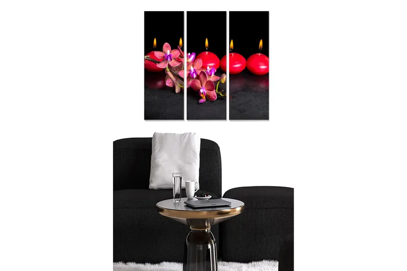 Canvastavla i trä 3-delar 50x70 cm - Vacker komposition av rosa orkidéer och röda ljus - Rosa / Röd / Svart - Inredning & dekor - Tavlor & konst - Canvastavla