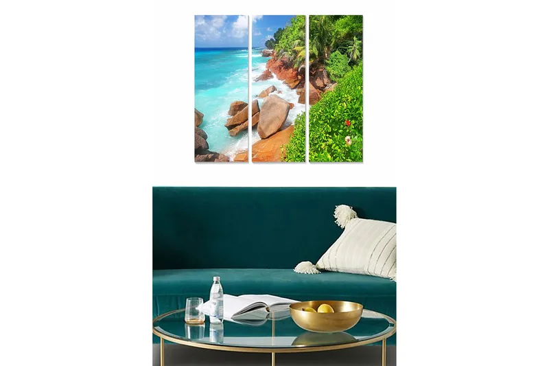 Canvastavla i trä 3-delar 50x70 cm - Vacker kustlinje med klippor och turkost hav - Turkos / Grön / Brun - Inredning & dekor - Tavlor & konst - Canvastavla