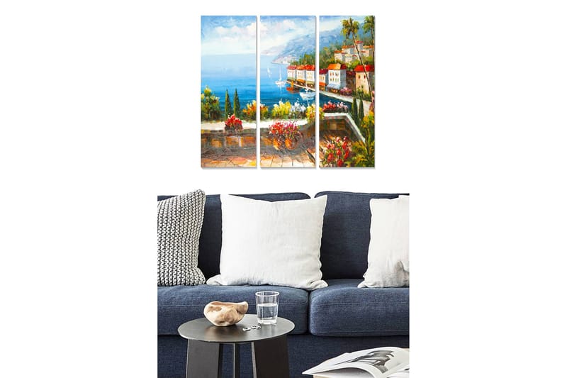 Canvastavla i trä 3-delar 50x70 cm - Vacker kustutsikt med färgglada hus och blomsterarrangemang, Blå / Grön / Röd
