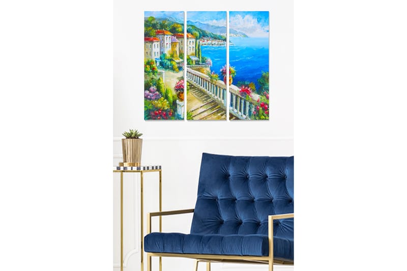 Canvastavla i trä 3-delar 50x70 cm - Vacker kustutsikt med färgglada hus och blomsterarrangemang, Blå / Grön / Röd