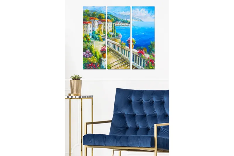 Canvastavla i trä 3-delar 50x70 cm - Vacker kustutsikt med färgglada hus och blomsterarrangemang, Blå / Grön / Röd