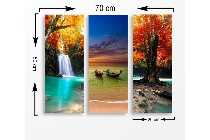 Canvastavla i trä 3-delar 50x70 cm - Vacker landskapsvy med fallande vatten och färgglada höstträd - Turkos / Orange / Röd - Inredning & dekor - Tavlor & konst - Canvastavla