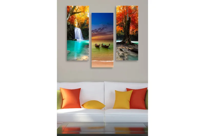 Canvastavla i trä 3-delar 50x70 cm - Vacker landskapsvy med fallande vatten och färgglada höstträd, Turkos / Orange / Röd