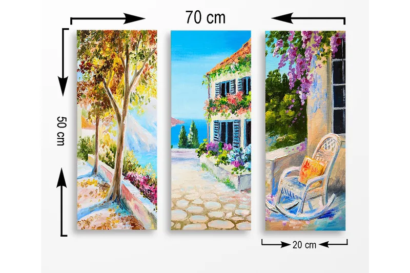 Canvastavla i trä 3-delar 50x70 cm - Vacker landskapsvy med färgglada blommor och en solig gata - Grön / Blå / Orange - Inredning & dekor - Tavlor & konst - Canvastavla