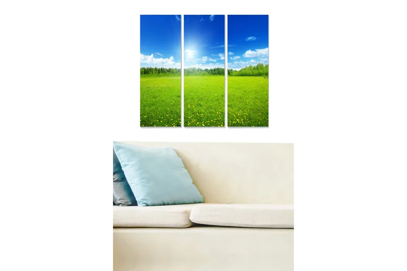 Canvastavla i trä 3-delar 50x70 cm - Vacker landskapsvy med gröna ängar och blå himmel - Grön / Blå / Gul - Inredning & dekor - Tavlor & konst - Canvastavla
