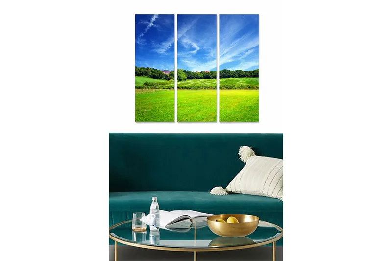 Canvastavla i trä 3-delar 50x70 cm - Vacker landskapsvy med gröna fält och blå himmel - Grön / Blå - Inredning & dekor - Tavlor & konst - Canvastavla