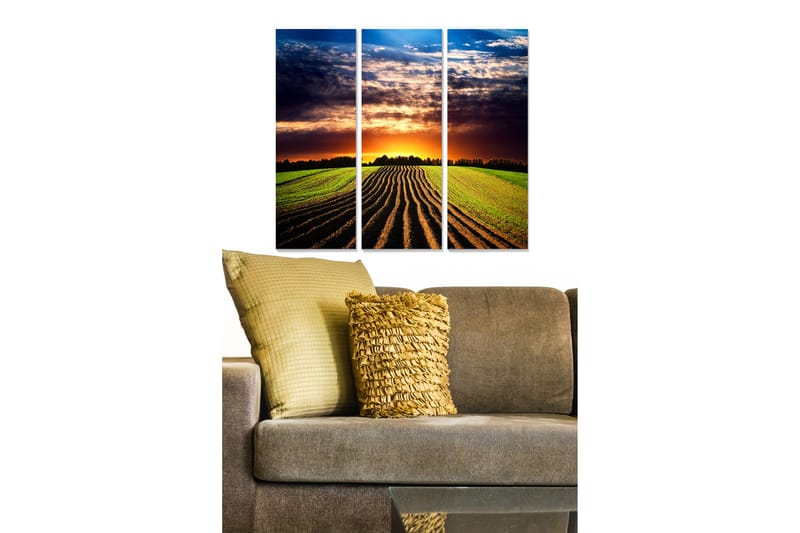 Canvastavla i trä 3-delar 50x70 cm - Vacker landskapsvy med solnedgång över fält - Grön / Orange / Blå - Inredning & dekor - Tavlor & konst - Canvastavla