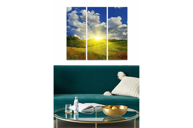 Canvastavla i trä 3-delar 50x70 cm - Vacker landskapsvy med soluppgång över en blomstrande äng - Blå / Grön / Gul - Inredning & dekor - Tavlor & konst - Canvastavla