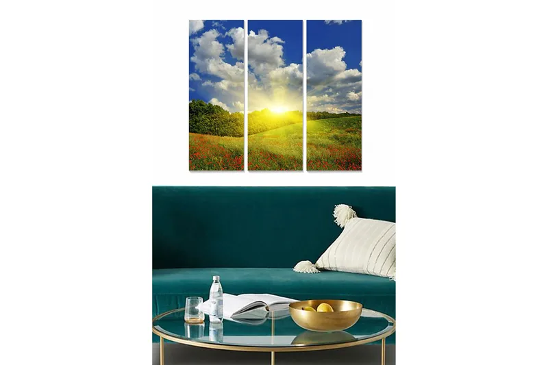 Canvastavla i trä 3-delar 50x70 cm - Vacker landskapsvy med soluppgång över en blomstrande äng - Blå / Grön / Gul - Inredning & dekor - Tavlor & konst - Canvastavla