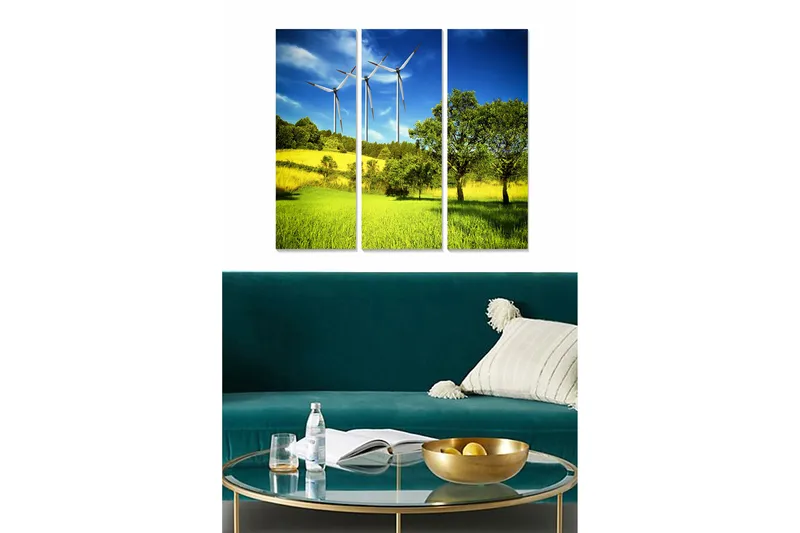 Canvastavla i trä 3-delar 50x70 cm - Vacker landskapsvy med vindkraftverk och grönskande fält, Grön / Gul / Blå