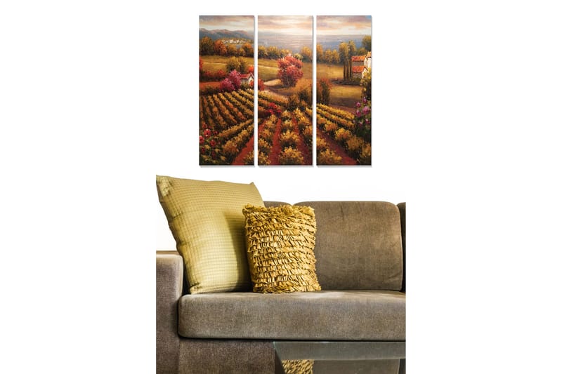 Canvastavla i trä 3-delar 50x70 cm - Vacker landskapsvy med vinfält och färgglada träd i höstskrud - Guld / Röd / Grön - Inredning & dekor - Tavlor & konst - Canvastavla
