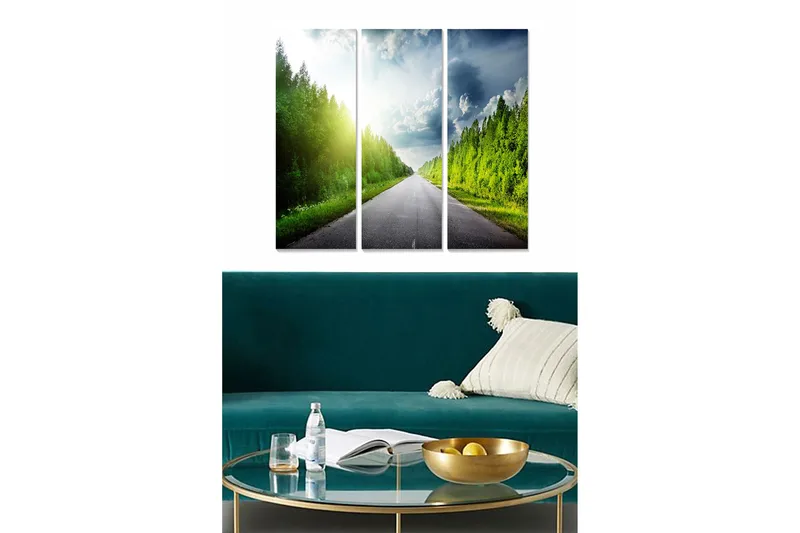 Canvastavla i trä 3-delar 50x70 cm - Vacker landsväg omgiven av frodig grönska och himmel med moln - Grön / Grå / Blå - Inredning & dekor - Tavlor & konst - Canvastavla