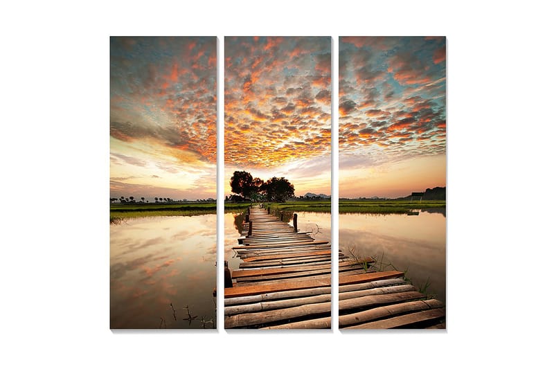 Canvastavla i trä 3-delar 50x70 cm - Vacker solnedgång över en träbro som sträcker sig över stilla vatten, Orange / Blå / Grön