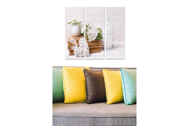 Canvastavla i trä 3-delar 50x70 cm - Vacker stillhet med blommor i en vas och böcker i en harmonisk komposition, Vit / Beige / Grön