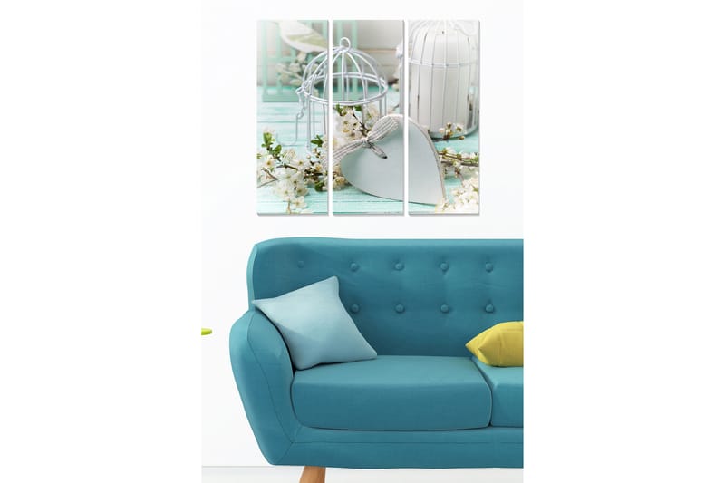 Canvastavla i trä 3-delar 50x70 cm - Vacker stillhet med fågelburar och blommor i en romantisk komposition, Ljusblå / Vit / Grön