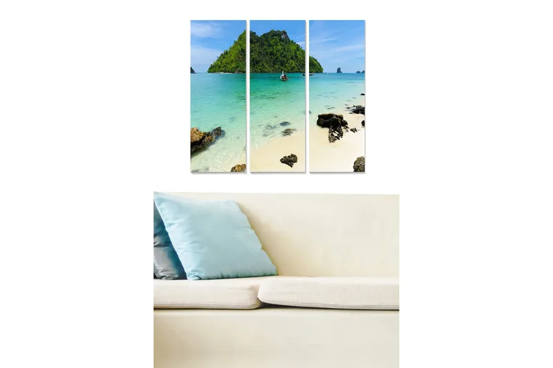 Canvastavla i trä 3-delar 50x70 cm - Vacker strand med klart turkost vatten och grönskande öar i bakgrunden - Turkos / Grön / Beige - Inredning & dekor - Tavlor & konst - Canvastavla