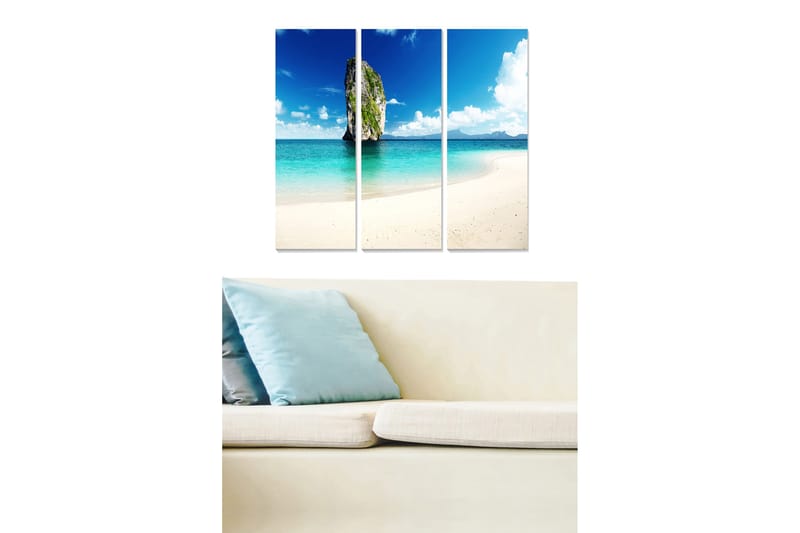 Canvastavla i trä 3-delar 50x70 cm - Vacker strand med klippformation och klarblå himmel, Blå / Turkos / Vit