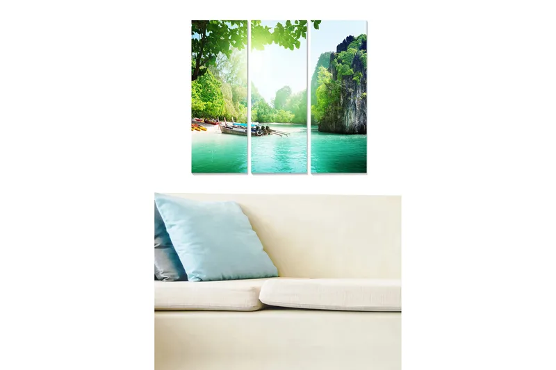 Canvastavla i trä 3-delar 50x70 cm - Vacker strand med klippor och grönskande omgivning - Grön / Turkos / Blå - Inredning & dekor - Tavlor & konst - Canvastavla