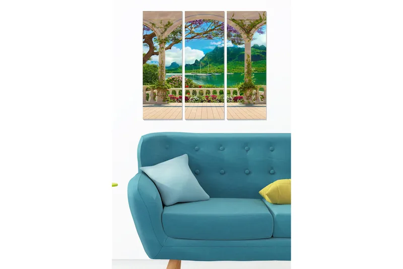 Canvastavla i trä 3-delar 50x70 cm - Vacker utsikt från en pergola med blommor och berg i bakgrunden, Grön / Blå / Vit