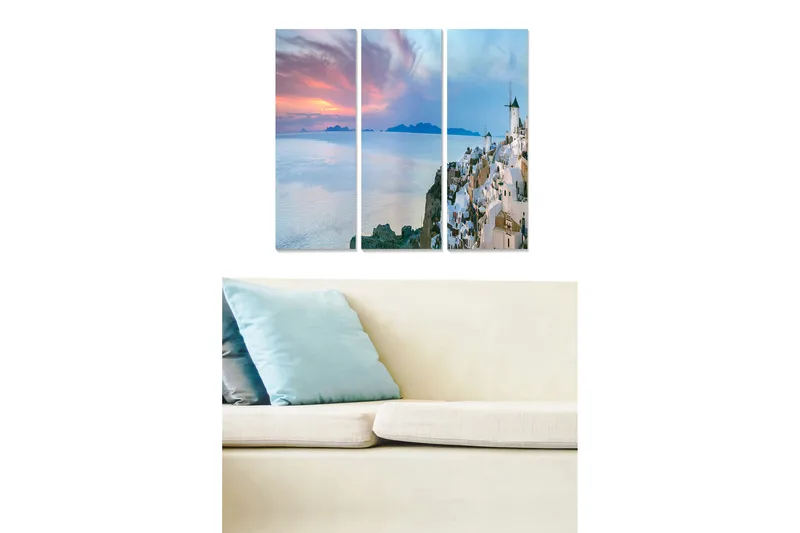 Canvastavla i trä 3-delar 50x70 cm - Vacker utsikt över en grekisk kuststad vid solnedgången, Vit / Blå / Rosa
