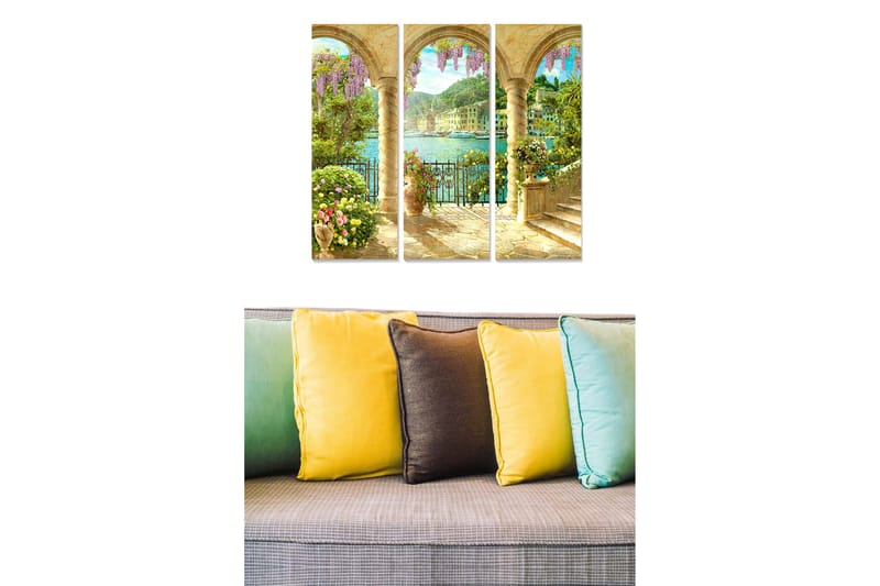 Canvastavla i trä 3-delar 50x70 cm - Vacker utsikt över en medelhavshamn med blommor och pelargångar - Grön / Lila / Guld - Inredning & dekor - Tavlor & konst - Canvastavla