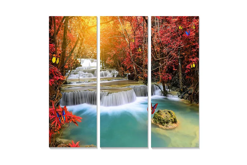 Canvastavla i trä 3-delar 50x70 cm - Vacker vattenfallsscen omgiven av höstfärgade träd och fjärilar - Röd / Blå / Turkos - Inredning & dekor - Tavlor & konst - Canvastavla