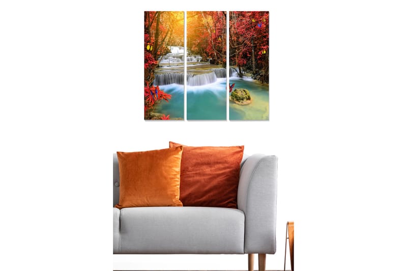 Canvastavla i trä 3-delar 50x70 cm - Vacker vattenfallsscen omgiven av höstfärgade träd och fjärilar - Röd / Blå / Turkos - Inredning & dekor - Tavlor & konst - Canvastavla