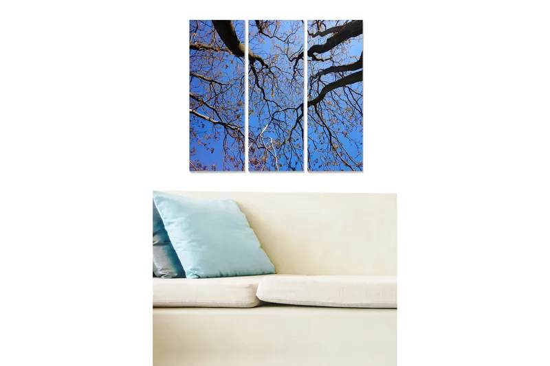 Canvastavla i trä 3-delar 50x70 cm - Vacker vy av trädtoppar mot en klarblå himmel, Blå / Brun / Guld