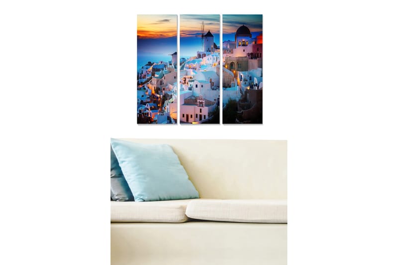 Canvastavla i trä 3-delar 50x70 cm - Vacker vy över en grekisk by med vita hus och blå kupoler vid solnedgången - Blå / Vit / Orange - Inredning & dekor - Tavlor & konst - Canvastavla
