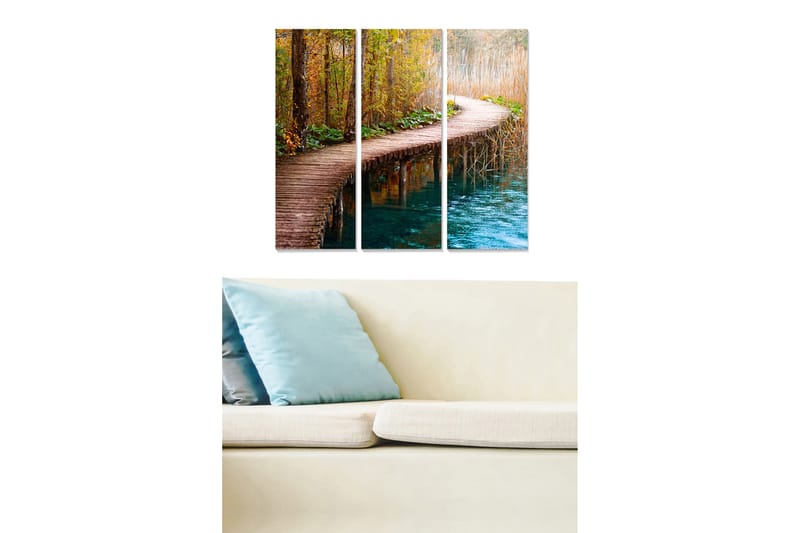 Canvastavla i trä 3-delar 50x70 cm - Vacker promenadstig genom en höstlig skog vid vattnet, Brun / Grön / Blå