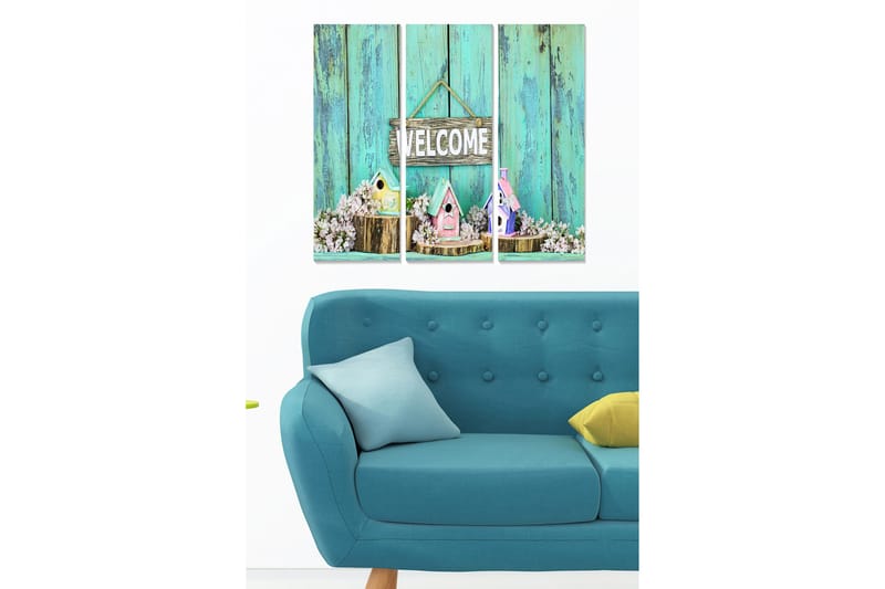 Canvastavla i trä 3-delar 50x70 cm - Vackra fågelholkar med blommor och en välkomnande skylt - Turkos / Rosa / Vit - Inredning & dekor - Tavlor & konst - Canvastavla
