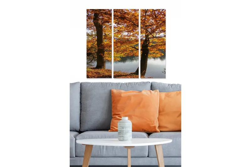 Canvastavla i trä 3-delar 50x70 cm - Vackra höstträd vid en spegelblanka sjö - Orange / Brun / Grön - Inredning & dekor - Tavlor & konst - Canvastavla