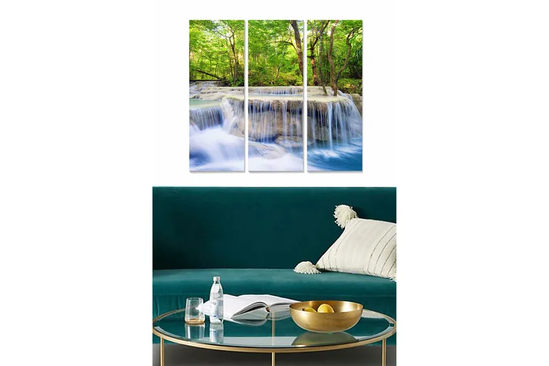 Canvastavla i trä 3-delar 50x70 cm - Vattenfall omgiven av frodig grönska, Grön / Blå / Beige