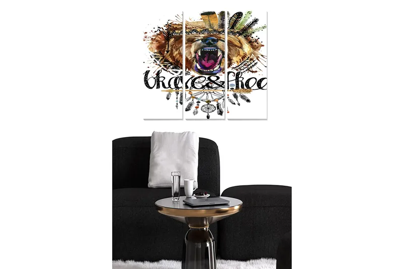 Canvastavla i trä 3-delar 50x70 cm - Vild björn med färgglada fjädrar och ornamentik - Brun / Svart / Orange - Inredning & dekor - Tavlor & konst - Canvastavla