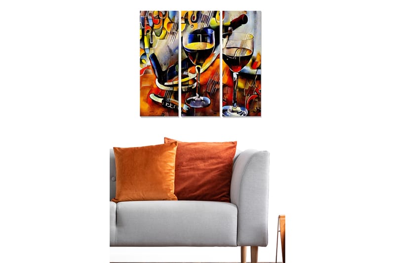 Canvastavla i trä 3-delar 50x70 cm - Vinkaraffinerad stillhet med glas och flaskor, Röd / Gul / Brun