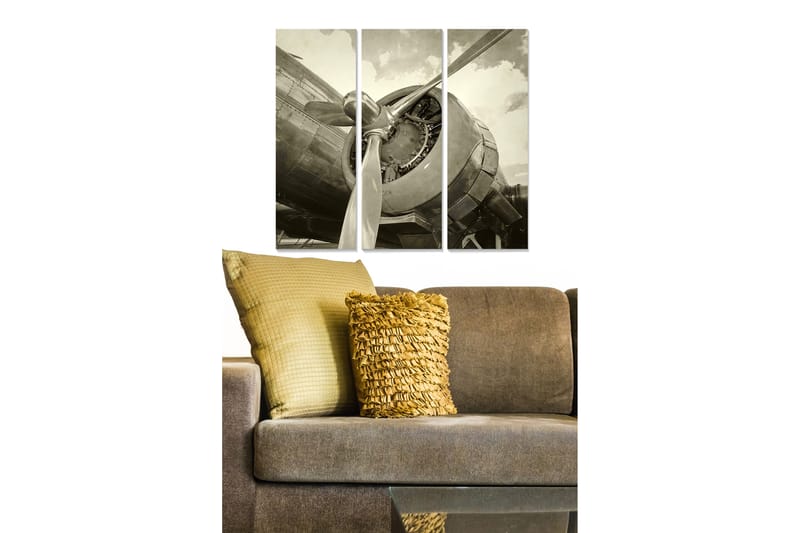 Canvastavla i trä 3-delar 50x70 cm - Vintage flygplansmotor i detaljrik komposition - Grå / Svart / Vit - Inredning & dekor - Tavlor & konst - Canvastavla