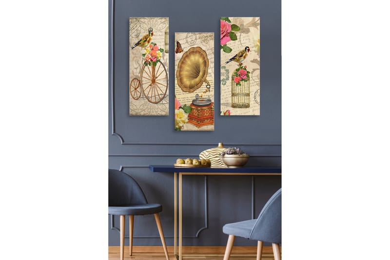 Canvastavla i trä 3-delar 50x70 cm - Vintage komposition med fåglar, blommor och gramofon - Guld / Rosa / Grön - Inredning & dekor - Tavlor & konst - Canvastavla