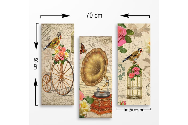 Canvastavla i trä 3-delar 50x70 cm - Vintage komposition med fåglar, blommor och gramofon - Guld / Rosa / Grön - Inredning & dekor - Tavlor & konst - Canvastavla
