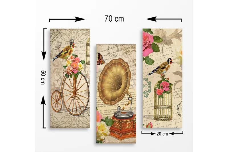 Canvastavla i trä 3-delar 50x70 cm - Vintage komposition med fåglar, blommor och gramofon - Guld / Rosa / Grön - Inredning & dekor - Tavlor & konst - Canvastavla