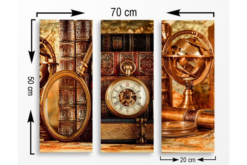 Canvastavla i trä 3-delar 50x70 cm - Vintage samling av böcker och tidmätare - Brunt / Guld / Beige - Inredning & dekor - Tavlor & konst - Canvastavla