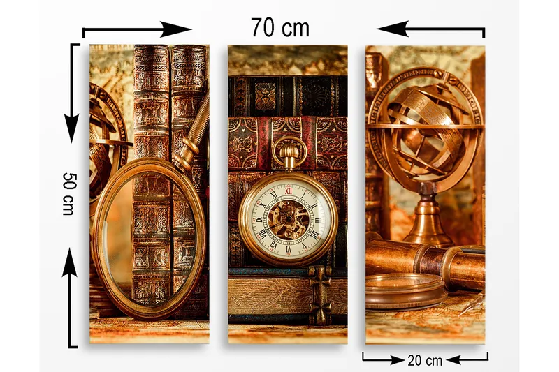 Canvastavla i trä 3-delar 50x70 cm - Vintage samling av böcker och tidm ätare - Brunt / Guld / Beige - Inredning & dekor - Tavlor & konst - Canvastavla