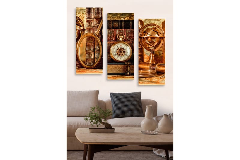 Canvastavla i trä 3-delar 50x70 cm - Vintage samling av böcker och tidmätare - Brunt / Guld / Beige - Inredning & dekor - Tavlor & konst - Canvastavla