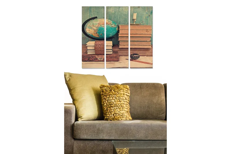 Canvastavla i trä 3-delar 50x70 cm - Vintage skrivbord med böcker och en glob, Grön / Brun / Beige