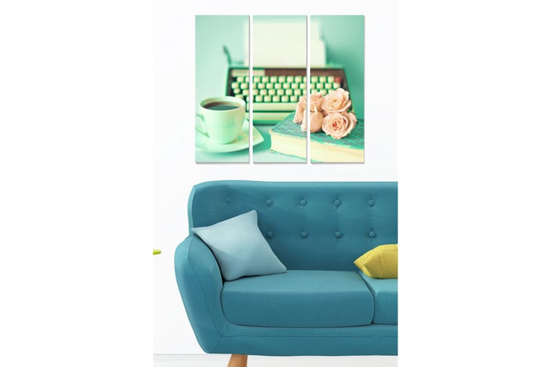 Canvastavla i trä 3-delar 50x70 cm - Vintage skrivmaskin med kaffe och rosor - Mintgrön / Ljusrosa / Mörkgrön - Inredning & dekor - Tavlor & konst - Canvastavla