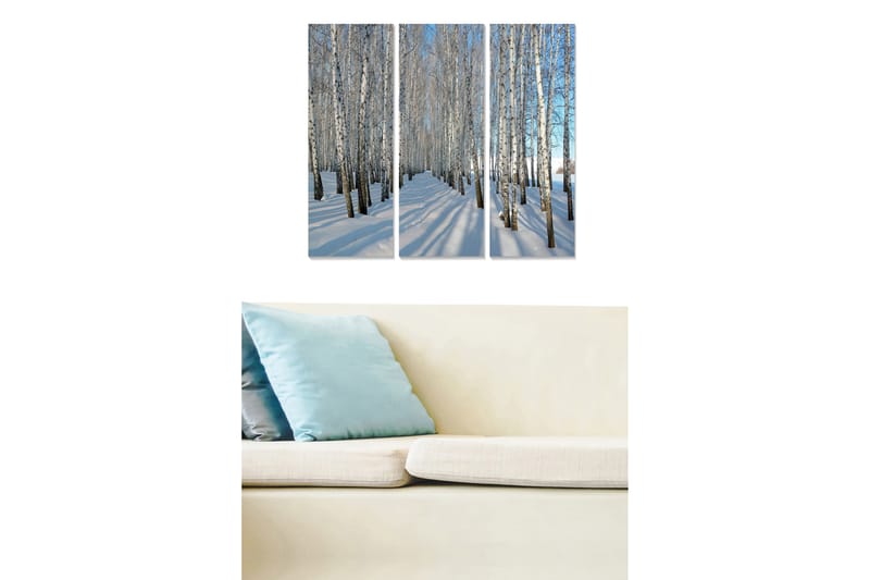 Canvastavla i trä 3-delar 50x70 cm - Vinterlandskap med björkar i snöklädd miljö, Vit / Blå / Svart
