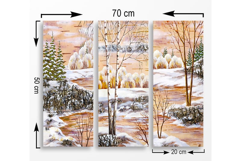Canvastavla i tr ä 3-delar 50x70 cm - Vinterlandskap med snötäckta träd och en spegelblanka sjö - Vit / Grön / Orange - Inredning & dekor - Tavlor & konst - Canvastavla